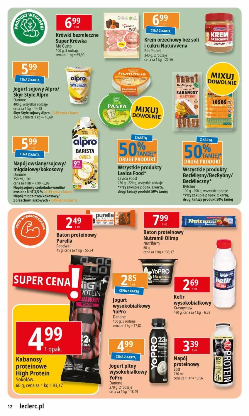 Gazetka promocyjna E Leclerc - ważna 17.09 do 28.09.2024 - strona 12 - produkty: Alpro, Baton, Czekolada, Danone, Fa, Jogurt, Kabanos, Kefir, Kokos, Krem orzechowy, Napój, Pur, Sok, Sokołów