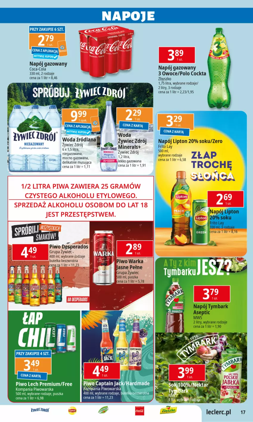 Gazetka promocyjna E Leclerc - ważna 17.09 do 28.09.2024 - strona 17 - produkty: Coca-Cola, LANA, Lech Premium, Lipton, Mus, Napój, Napój gazowany, Napoje, Owoce, Piwo, Sok, Warka, Woda