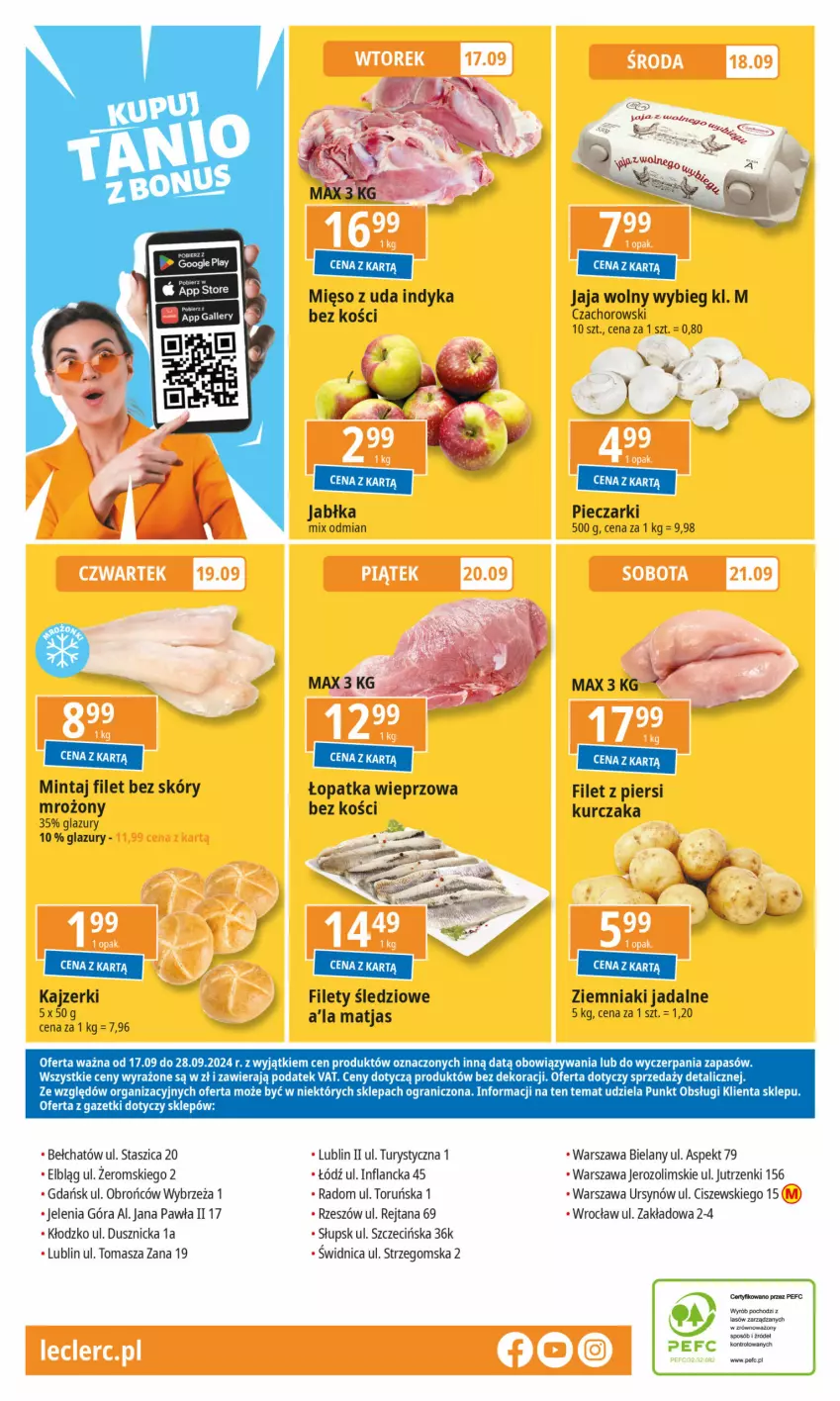 Gazetka promocyjna E Leclerc - ważna 17.09 do 28.09.2024 - strona 32 - produkty: Filet z piersi kurczaka, Gra, Jabłka, Jaja, Kurczak, Lazur, Matjas, Mięso, Mintaj, Piec, Ziemniaki