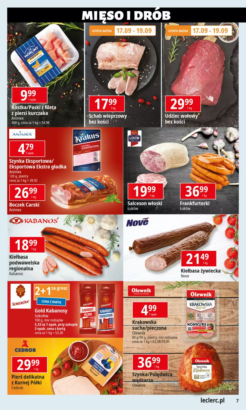 Gazetka promocyjna E Leclerc - ważna 17.09 do 28.09.2024 - strona 7 - produkty: Drób, Fa, Frankfurterki, Kabanos, Kiełbasa, Kiełbasa podwawelska, Olewnik, Piec, Por, Schab wieprzowy, Udziec wołowy, Wawel