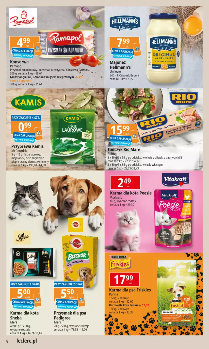 Gazetka promocyjna E Leclerc - ważna 17.09 do 28.09.2024 - strona 8 - produkty: Danio, Friskies, Gin, Kamis, Konserwa turystyczna, Laur, LG, Majonez, Mars, Pedigree, Pieprz, Przysmak dla psa, Pur, Purina, Rio Mare, Ser, Sheba, Sos, Tuńczyk, Vitakraft, Ziele angielskie