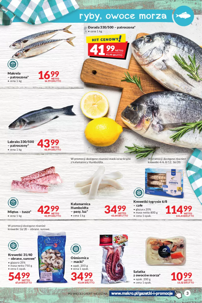 Gazetka promocyjna Makro - Sezon grillowy czas start! - oferta z alkoholem - ważna 18.04 do 30.04.2023 - strona 3 - produkty: Arnica, Glazura, Gry, Krewetki, Lazur, Miętus, Owoce, Owoce morza, Ryby i owoce morza, Sałat, Sałatka, Tusz