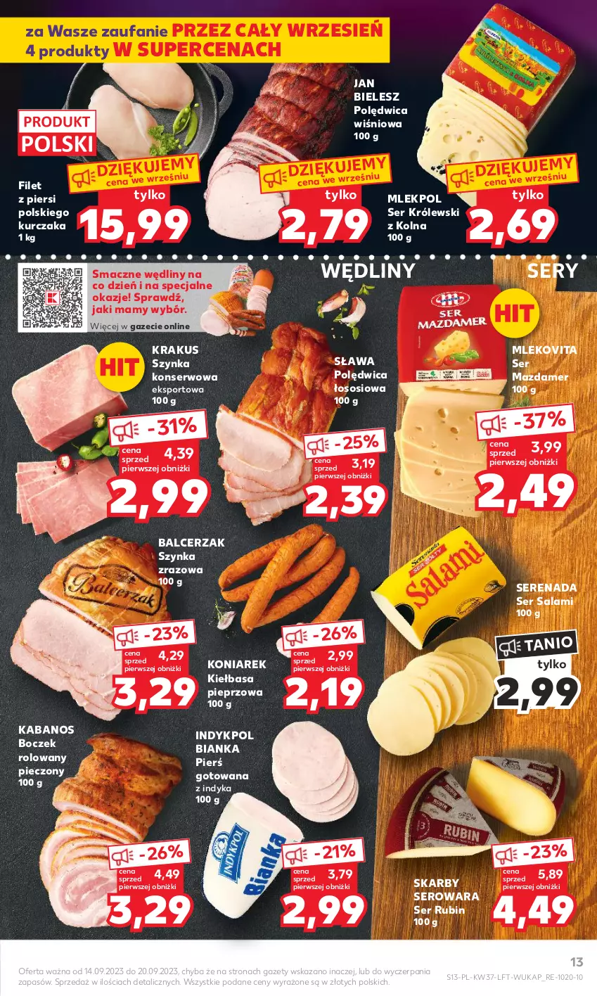 Gazetka promocyjna Kaufland - Gazetka tygodnia - ważna 14.09 do 20.09.2023 - strona 13 - produkty: Bianka, Boczek, Fa, Kabanos, Kiełbasa, Krakus, Królewski, Kurczak, Mazdamer, Mleko, Mlekovita, Piec, Pieprz, Polędwica, Por, Rubin, Salami, Ser, Ser salami, Sos, Sport, Szynka, Szynka konserwowa