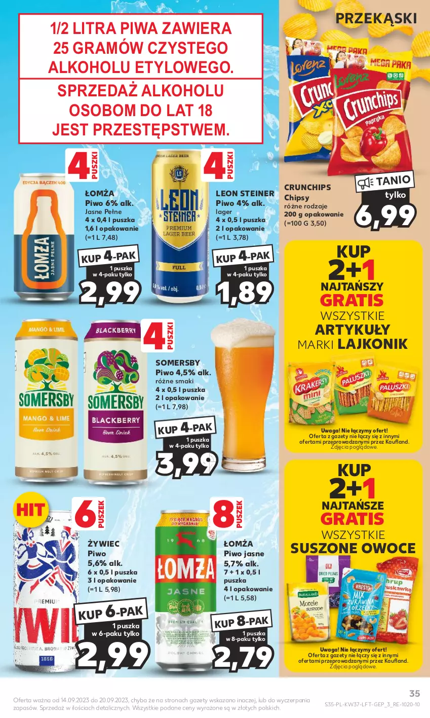 Gazetka promocyjna Kaufland - Gazetka tygodnia - ważna 14.09 do 20.09.2023 - strona 35 - produkty: Chipsy, Crunchips, Gra, Lajkonik, Leon, Owoce, Piwa, Piwo, Piwo jasne, Somersby, Waga