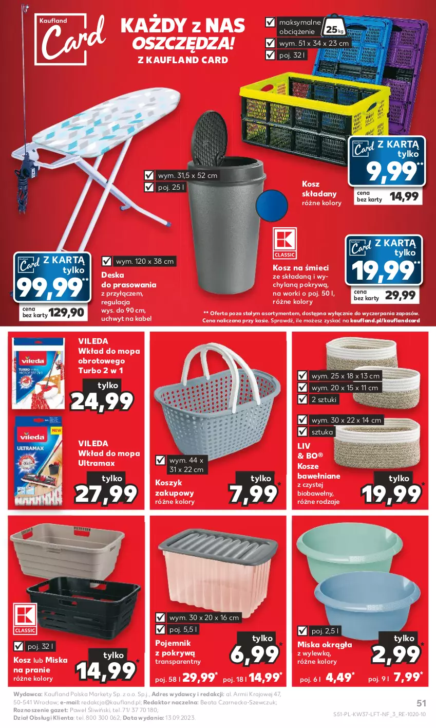 Gazetka promocyjna Kaufland - Gazetka tygodnia - ważna 14.09 do 20.09.2023 - strona 51 - produkty: Deska do prasowania, Dres, Kosz, Miska, Mop, Pojemnik, Rama, Tran, Vileda, Wkład do mopa