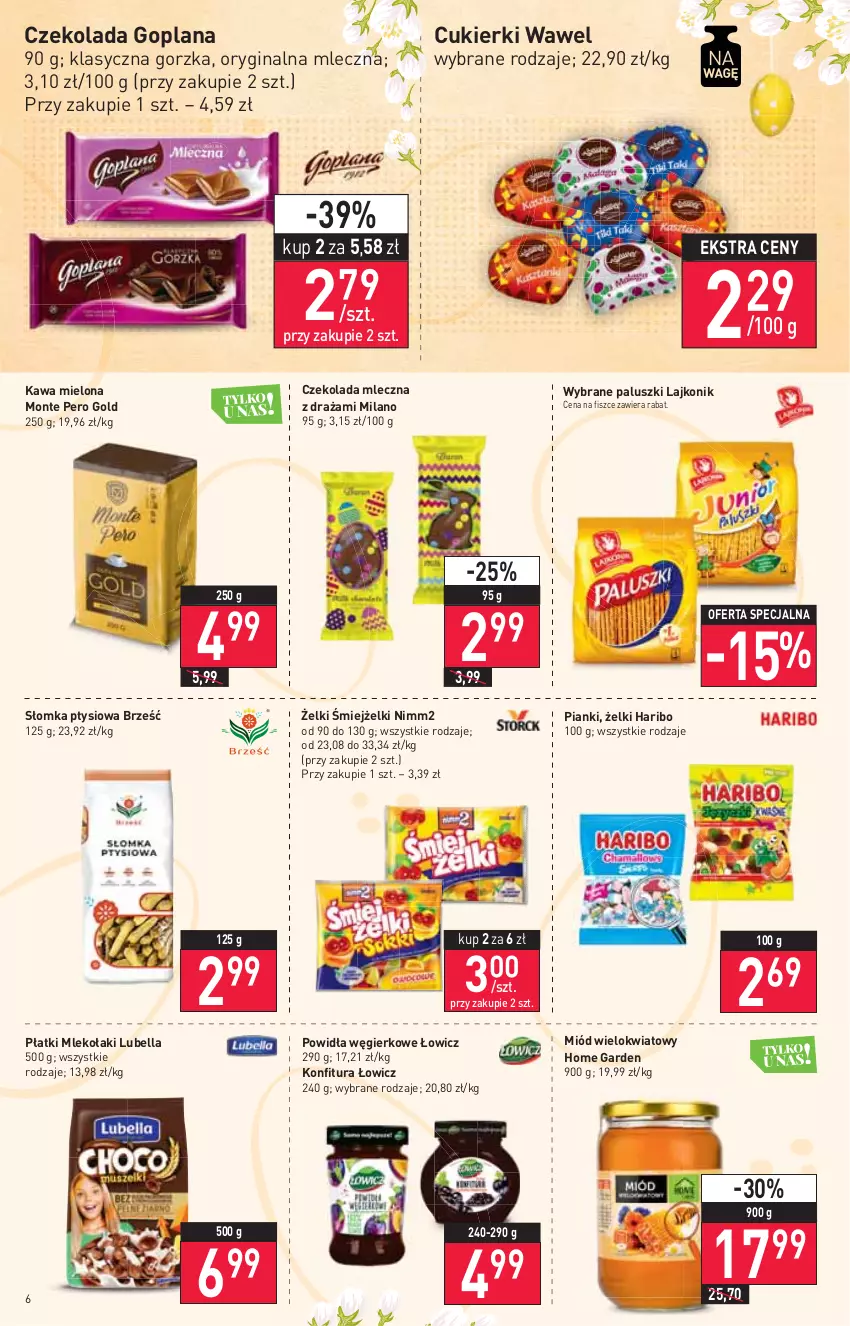 Gazetka promocyjna Stokrotka - Market - ważna 31.03 do 06.04.2022 - strona 6 - produkty: Bell, Bella, Cukier, Cukierki, Czekolada, Czekolada mleczna, Gin, Goplana, Haribo, Kawa, Kawa mielona, Konfitura, Lajkonik, LANA, Lubella, Miód, Mleko, Monte, Nimm2, Wawel