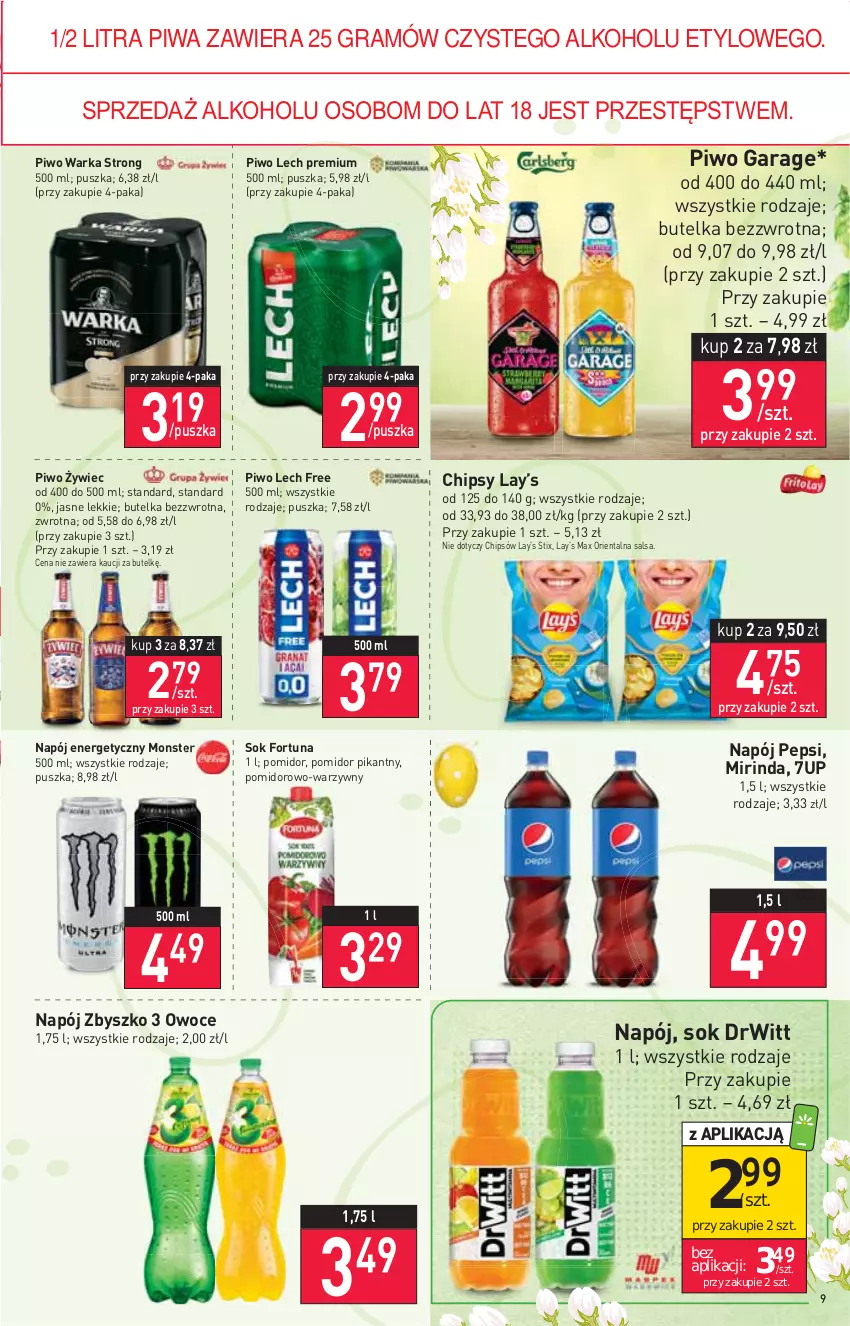 Gazetka promocyjna Stokrotka - Market - ważna 31.03 do 06.04.2022 - strona 9 - produkty: 7up, Chipsy, Fortuna, Gra, Lay’s, Lech Premium, Mirinda, Napój, Napój energetyczny, Owoce, Pepsi, Piwa, Piwo, Salsa, Sok, Warka