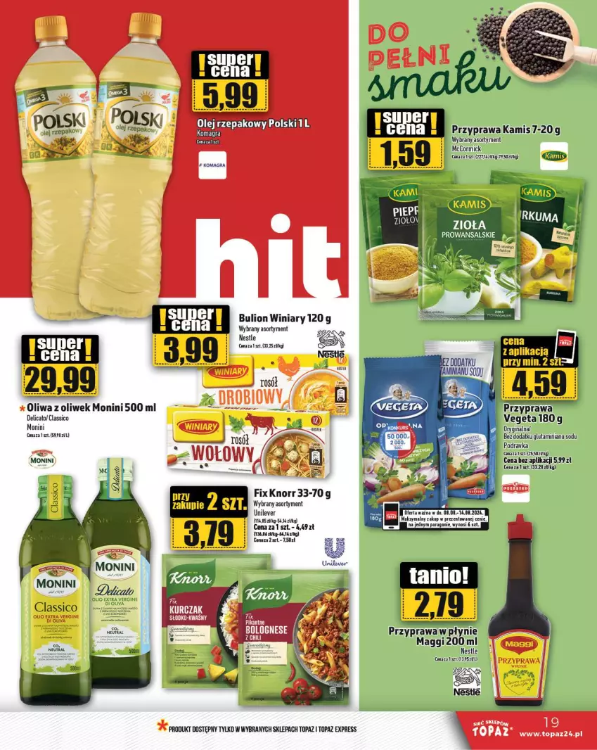 Gazetka promocyjna Topaz - Gazetka - ważna 08.08 do 14.08.2024 - strona 19 - produkty: Bulion, Gin, Gra, Kamis, Knorr, Lion, Maggi, Monini, Oliwa, Oliwa z oliwek, Podravka, Rosół, Top, Vegeta, Winiary