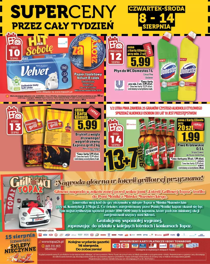 Gazetka promocyjna Topaz - Gazetka - ważna 08.08 do 14.08.2024 - strona 28 - produkty: Domestos, Fa, Gra, Grill, Olej, Papier, Papier toaletowy, Płyn do wc, Schab wieprzowy, Top, Velvet, Waga, Węgiel drzewny