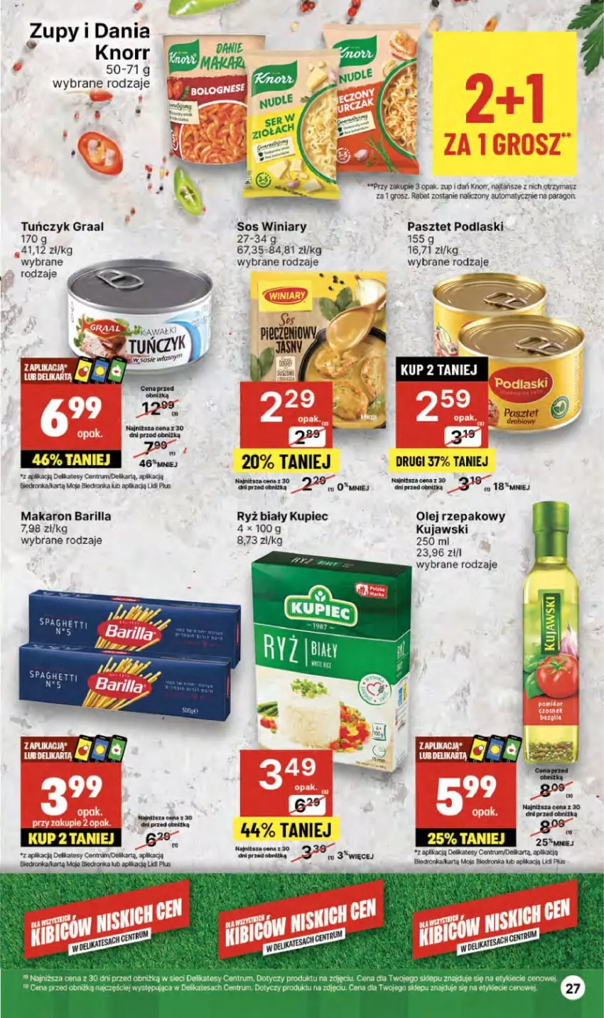 Gazetka promocyjna Delikatesy Centrum - NOWA GAZETKA Delikatesy Centrum od 4 lipca! 4-10.07.2024 - ważna 04.07 do 10.07.2024 - strona 27 - produkty: Barilla, Gra, Graal, Knorr, Kujawski, Kupiec, Makaron, Olej, Olej rzepakowy, Pasztet, Piec, Podlaski, Rum, Ryż, Ryż biały, Sos, Tuńczyk, Winiary