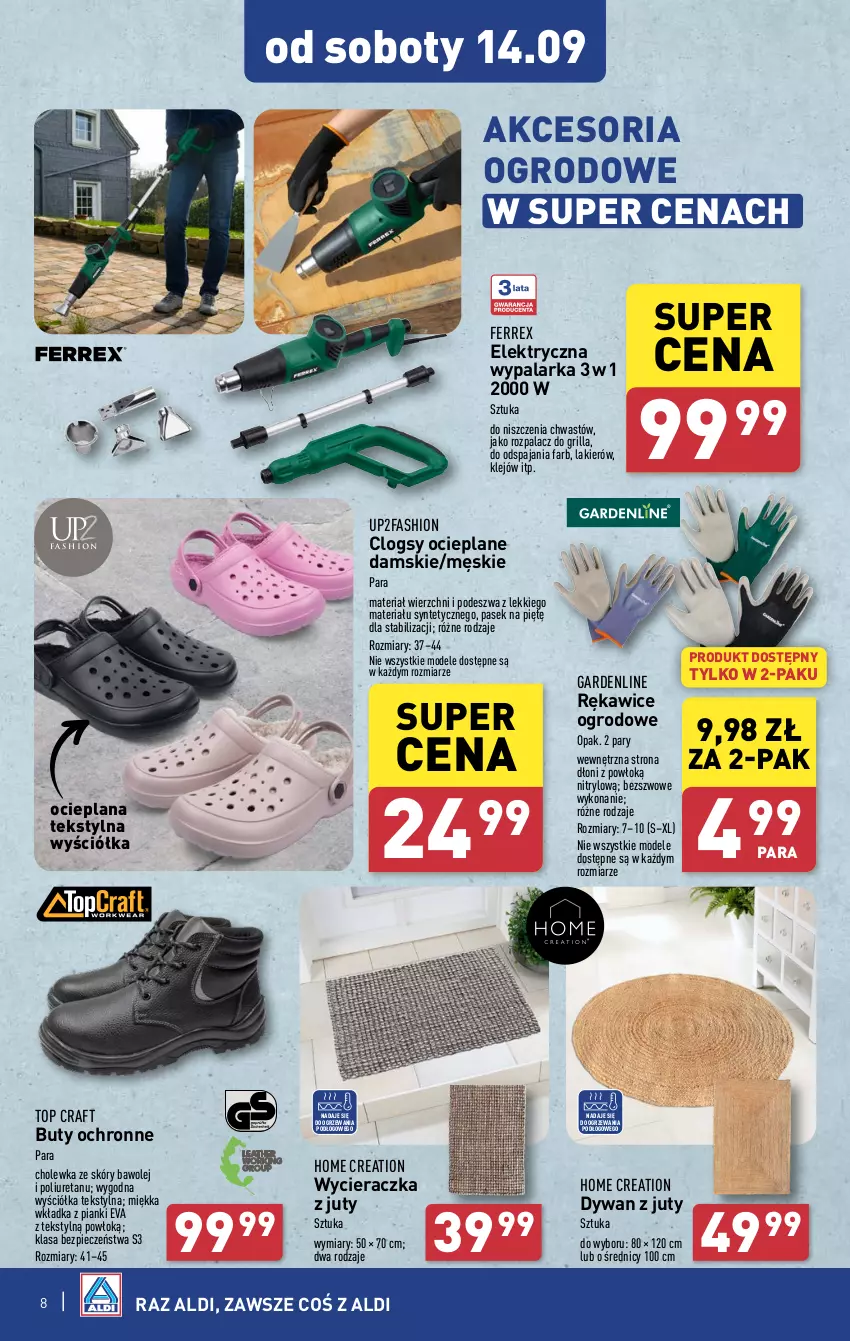 Gazetka promocyjna Aldi - Artykuły przemysłowe i tekstylia - ważna 11.09 do 14.09.2024 - strona 8 - produkty: Buty, Clogsy, Dywan, Fa, Grill, Klej, Lakier, LANA, Olej, Pasek, Piec, Rękawice, Top, Wycieraczka