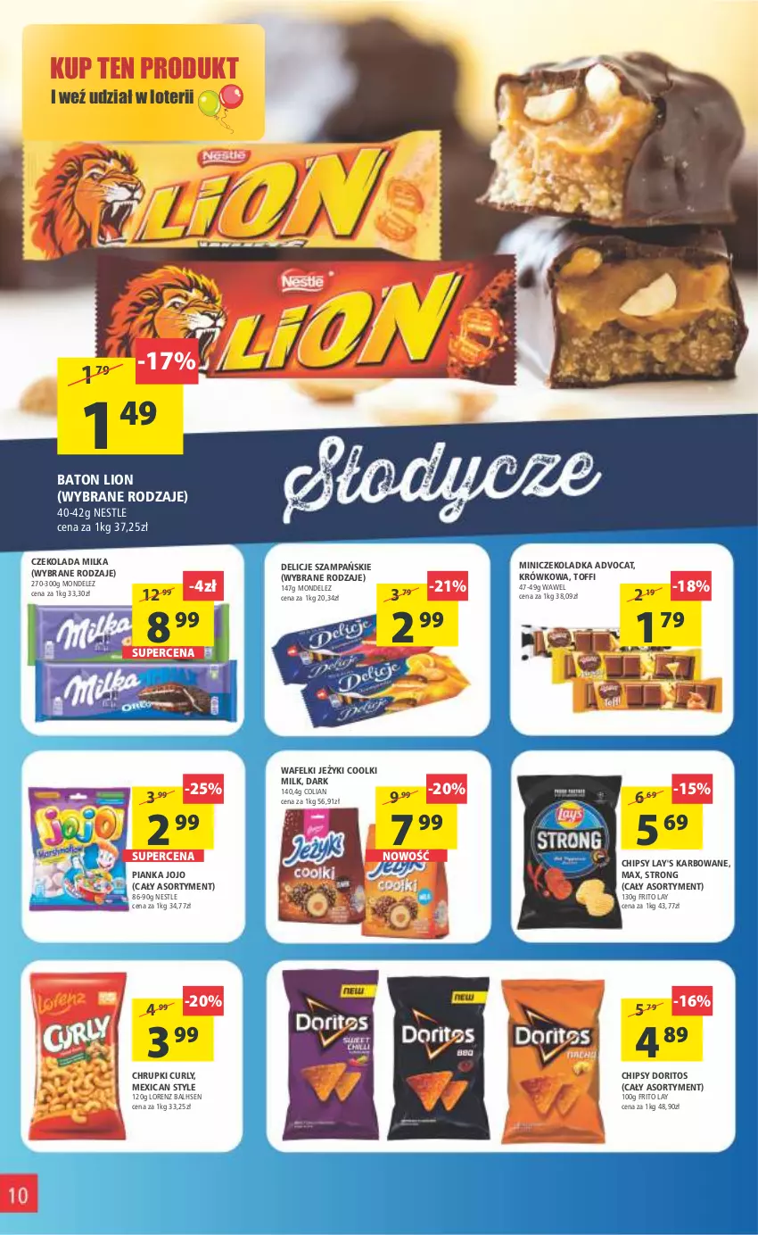 Gazetka promocyjna Arhelan - Gazetka - ważna 23.09 do 02.10.2022 - strona 10 - produkty: Baton, Chipsy, Chrupki, Czekolada, Delicje, Jeżyki, Lion, Lorenz, Milka, Wawel