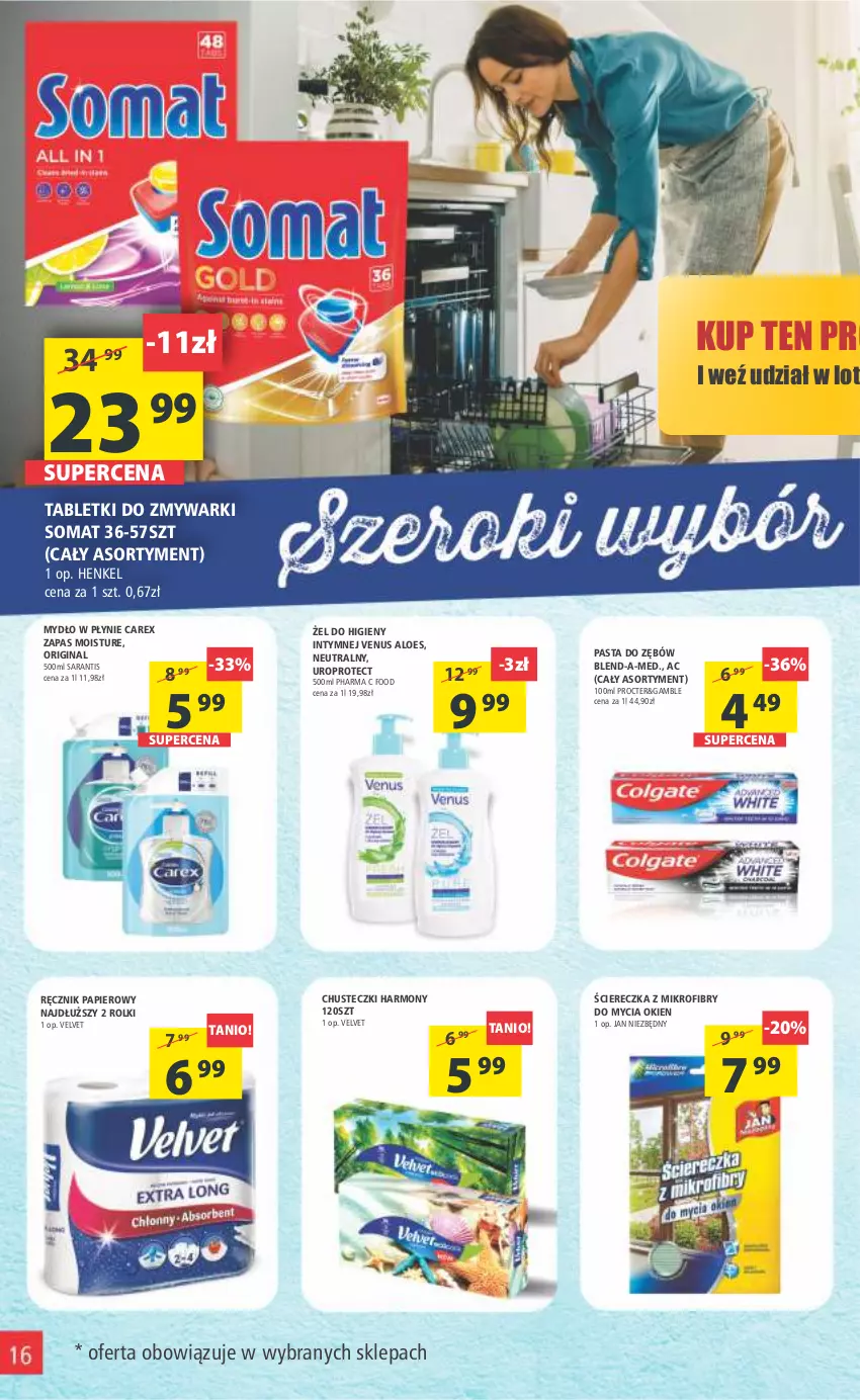 Gazetka promocyjna Arhelan - Gazetka - ważna 23.09 do 02.10.2022 - strona 16 - produkty: Blend-a-Med, Chusteczki, Gin, Jan Niezbędny, Mydło, Mydło w płynie, Papier, Pasta do zębów, Ręcznik, Rolki, Somat, Tablet, Tabletki do zmywarki, Velvet, Venus, Zmywarki