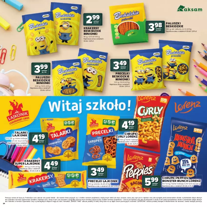 Gazetka promocyjna Stokrotka - Katalog Witaj Szkoło! - ważna 23.07 do 12.08.2026 - strona 24 - produkty: Beskidzki, Cebula, Chrupki, Krakersy, Lajkonik, Lorenz, Mięso, Monster Munch, Owoce, Precelki, Ser, Warzywa