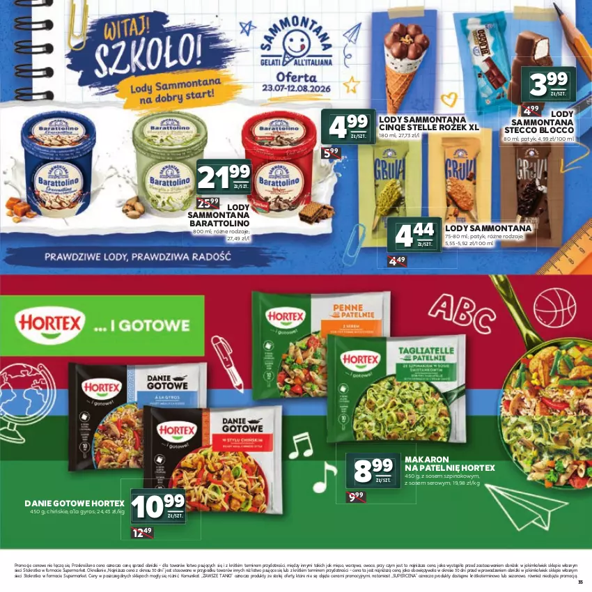 Gazetka promocyjna Stokrotka - Katalog Witaj Szkoło! - ważna 23.07 do 12.08.2026 - strona 35 - produkty: Danie gotowe, Gyros, Hortex, Lody, Makaron, Mięso, Owoce, Ser, Sos, Szpinak, Warzywa
