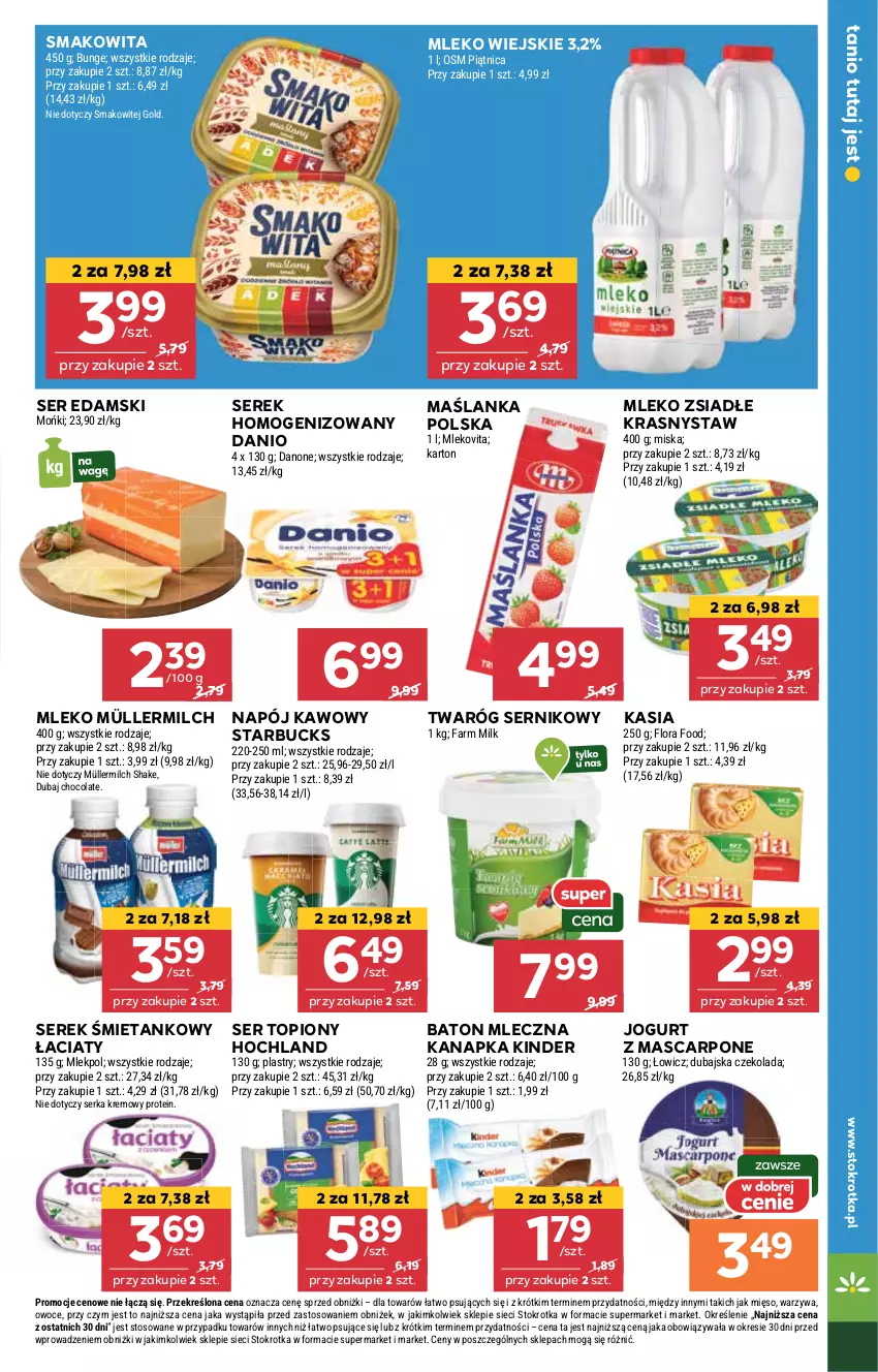 Gazetka promocyjna Stokrotka - Market - ważna 22.05 do 28.05.2025 - strona 15 - produkty: Baton, Czekolada, Danio, Danone, Edam, Fa, Farm Milk, Flora, Hochland, Jogurt, Kasia, Kinder, Mascarpone, Maślanka, Mięso, Miska, Mleczna kanapka, Mleko, Mleko zsiadłe, Mlekovita, Müller, Müllermilch, Napój, Owoce, Piątnica, Ser, Ser topiony, Serek, Serek homogenizowany, Smakowita, Top, Twaróg, Warzywa