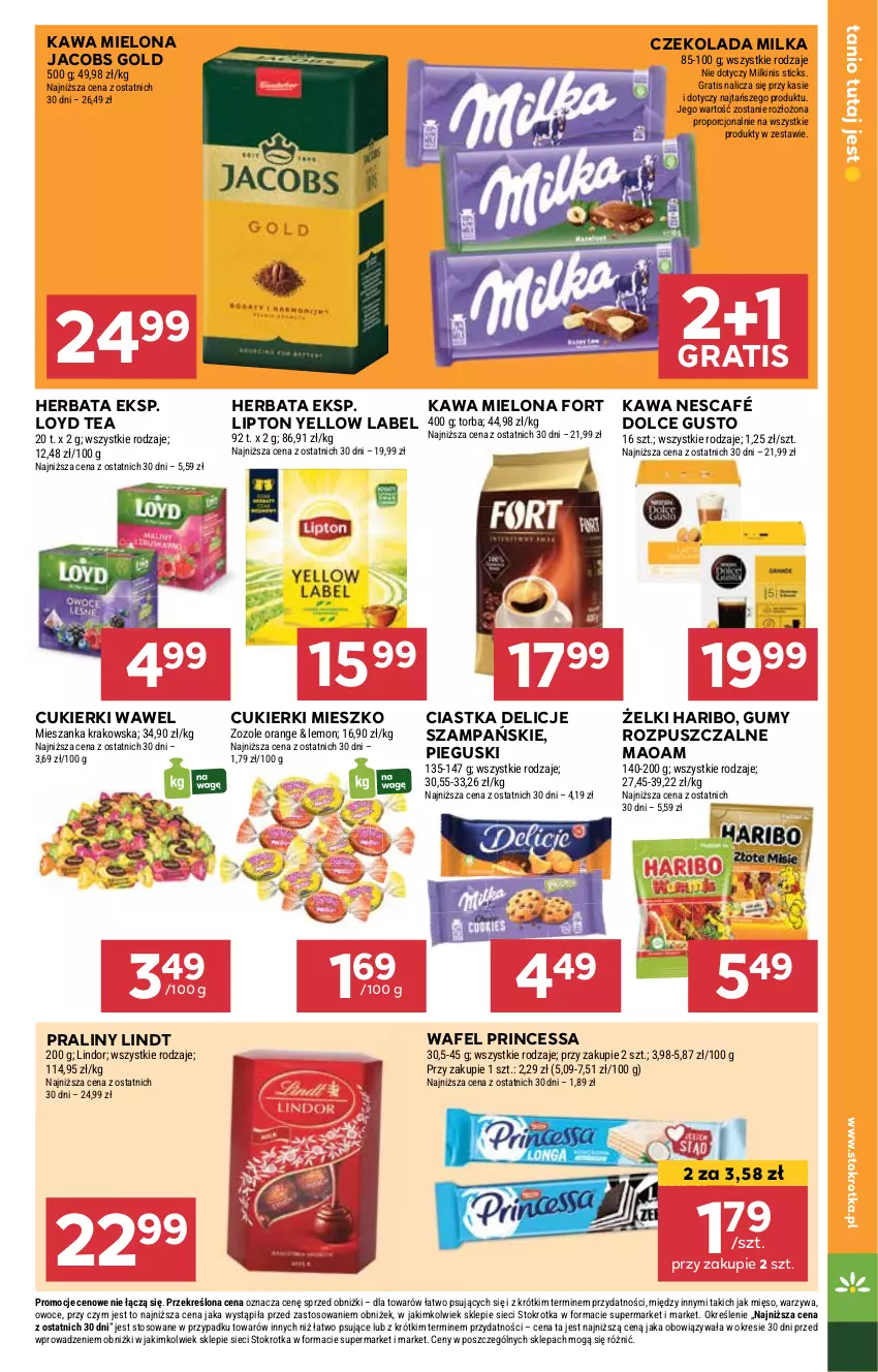 Gazetka promocyjna Stokrotka - Market - ważna 22.05 do 28.05.2025 - strona 19 - produkty: Ciastka, Cukier, Cukierki, Czekolada, Delicje, Dolce Gusto, Gra, Haribo, Herbata, Jacobs, Kawa, Kawa mielona, Lindor, Lindt, Lipton, Loyd, Mięso, Milka, Nescafé, Owoce, Por, Praliny, Princessa, Torba, Warzywa, Wawel
