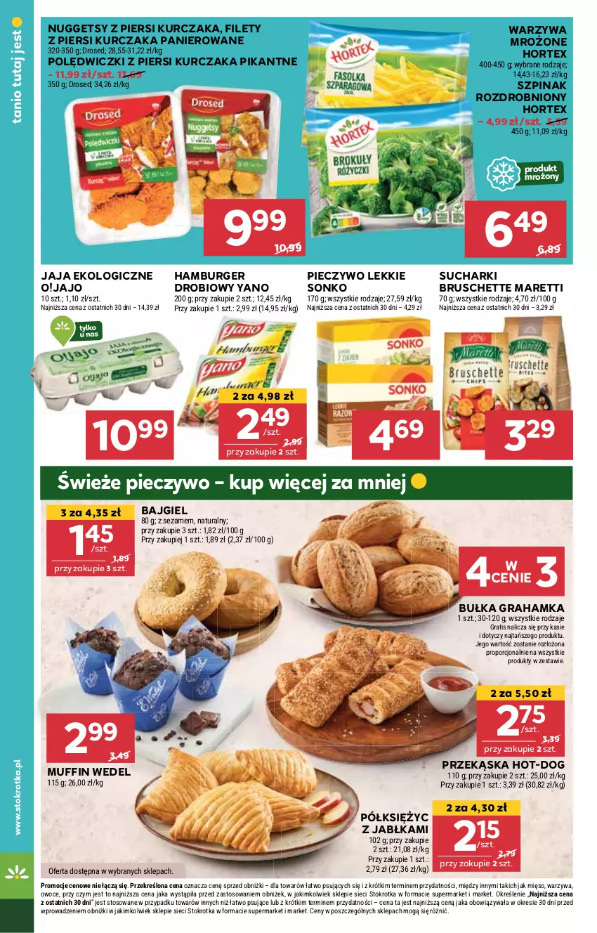 Gazetka promocyjna Stokrotka - Market - ważna 22.05 do 28.05.2025 - strona 20 - produkty: Bruschette, Bułka, Bułka grahamka, Burger, Gra, Hamburger, Hortex, Jabłka, Jaja, Kurczak, Mięso, Owoce, Piec, Pieczywo, Por, Sezam, Sonko, Szpinak, Warzywa