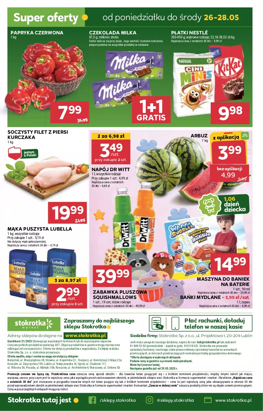 Gazetka promocyjna Stokrotka - Market - ważna 22.05 do 28.05.2025 - strona 27 - produkty: Arbuz, Bell, Bella, Czekolada, Dres, Filet z piersi kurczaka, Gra, JBL, Karp, Kosz, Kurczak, Lubella, Mąka, Mięso, Milka, Napój, Nestlé, O nas, Owoce, Papryka, Papryka czerwona, Por, Ser, Szal, Szyna, Telefon, Wagi, Warzywa, Wilson, Zabawka
