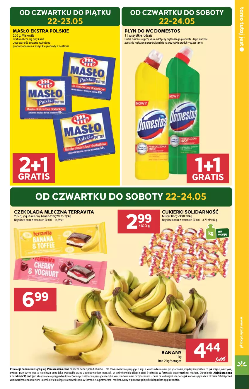 Gazetka promocyjna Stokrotka - Market - ważna 22.05 do 28.05.2025 - strona 3 - produkty: Banany, Cukier, Cukierki, Czekolada, Czekolada mleczna, Domestos, Gra, Jogurt, Masło, Mięso, Mleko, Mlekovita, Owoce, Płyn do wc, Por, Warzywa