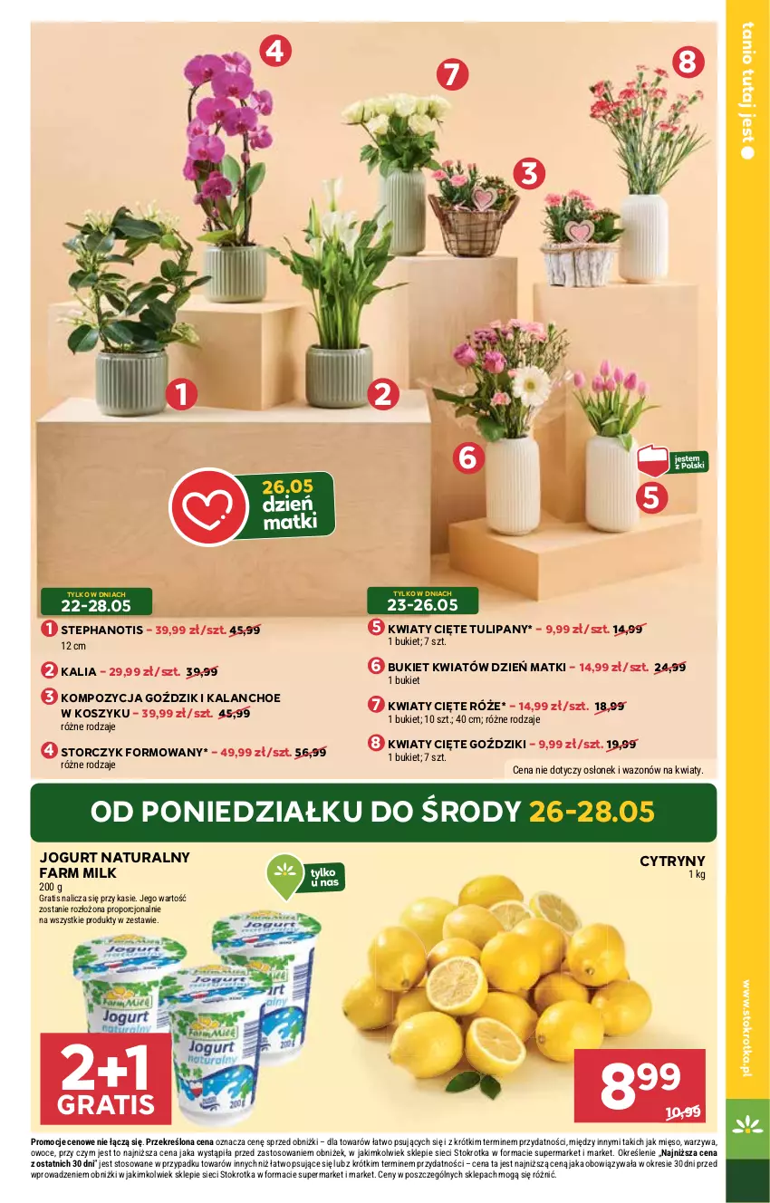 Gazetka promocyjna Stokrotka - Market - ważna 22.05 do 28.05.2025 - strona 5 - produkty: Bukiet, Cytryny, Fa, Farm Milk, Gra, Jogurt, Jogurt naturalny, Kalanchoe, Kosz, Kwiaty cięte, Mięso, Owoce, Por, Storczyk, Tulipan, Warzywa, Wazon
