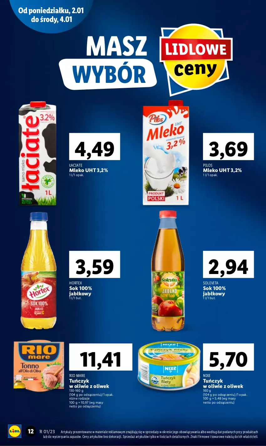 Gazetka promocyjna Lidl - GAZETKA - ważna 02.01 do 04.01.2023 - strona 12 - produkty: Hortex, Mleko, Pilos, Rio Mare, Sok, Tuńczyk