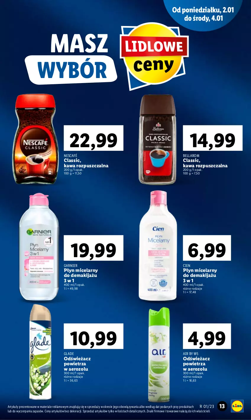 Gazetka promocyjna Lidl - GAZETKA - ważna 02.01 do 04.01.2023 - strona 13 - produkty: Bell, Bella, Garnier, Kawa, Kawa rozpuszczalna, Makijaż, Nescafé, Odświeżacz powietrza, Płyn micelarny