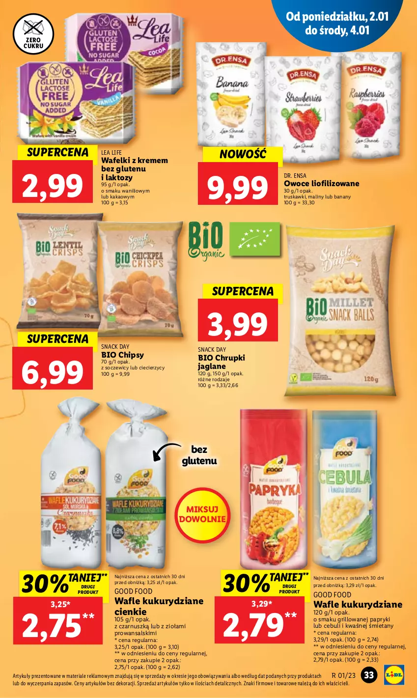 Gazetka promocyjna Lidl - GAZETKA - ważna 02.01 do 04.01.2023 - strona 37 - produkty: Banany, Chipsy, Chrupki, Grill, Kakao, Maliny, Owoce, Truskawki, Wafle