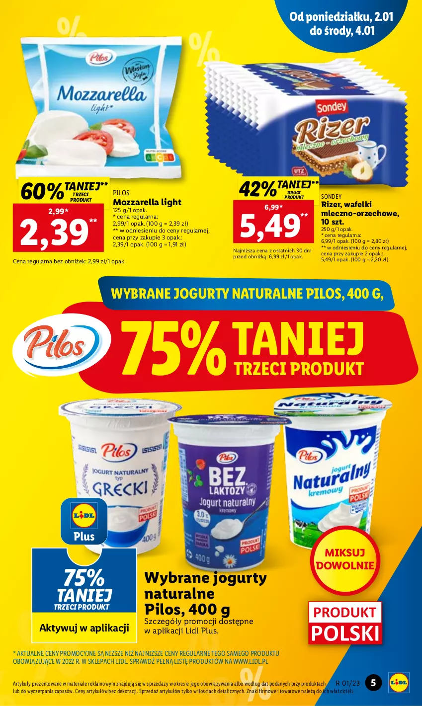 Gazetka promocyjna Lidl - GAZETKA - ważna 02.01 do 04.01.2023 - strona 5 - produkty: Jogurt, Mozzarella, Pilos