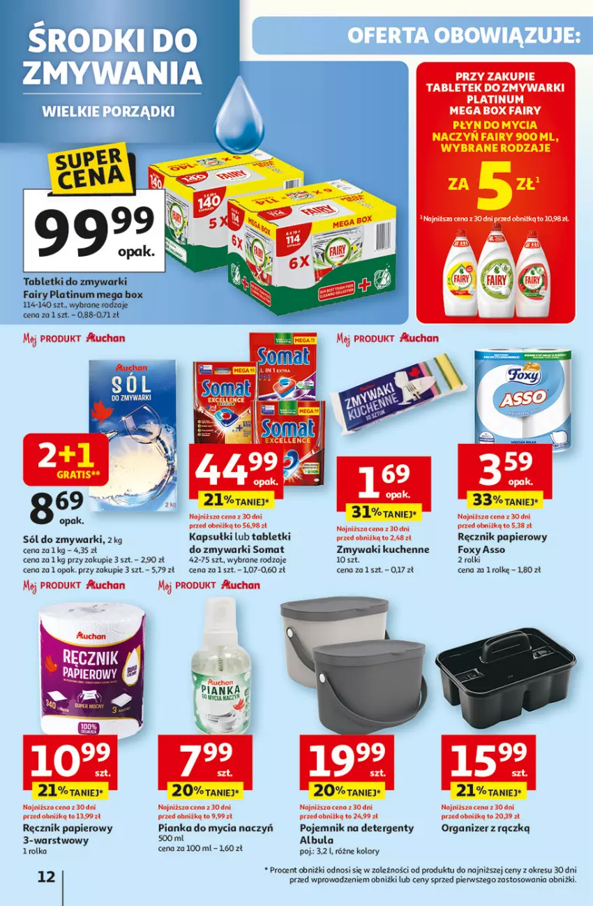 Gazetka promocyjna Auchan - Pewność niskich cen Hipermarket - ważna 25.09 do 01.10.2025 - strona 12 - produkty: Do mycia naczyń, Fa, Fairy, Foxy, Organizer, Papier, Pojemnik, Ręcznik, Rolki, Sól, Somat, Tablet, Tabletki do zmywarki, Zmywaki kuchenne, Zmywarki