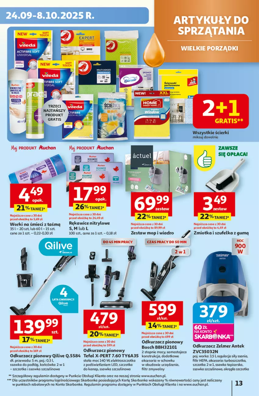 Gazetka promocyjna Auchan - Pewność niskich cen Hipermarket - ważna 25.09 do 01.10.2025 - strona 13 - produkty: Bosch, Fa, Gra, Mop, Odkurzacz, Orka, Rękawice, Szczotka, Szufelka, Tefal, Top, Wiadro, Worki na śmiec, Worki na śmieci, Zelmer