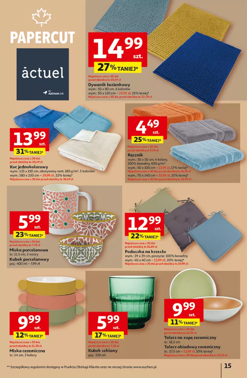 Gazetka promocyjna Auchan - Pewność niskich cen Hipermarket - ważna 25.09 do 01.10.2025 - strona 15 - produkty: Dywan, Dywanik, Dywanik łazienkowy, Koc, Krzesło, Kubek, Miska, Poduszka, Por, Ręcznik, Talerz
