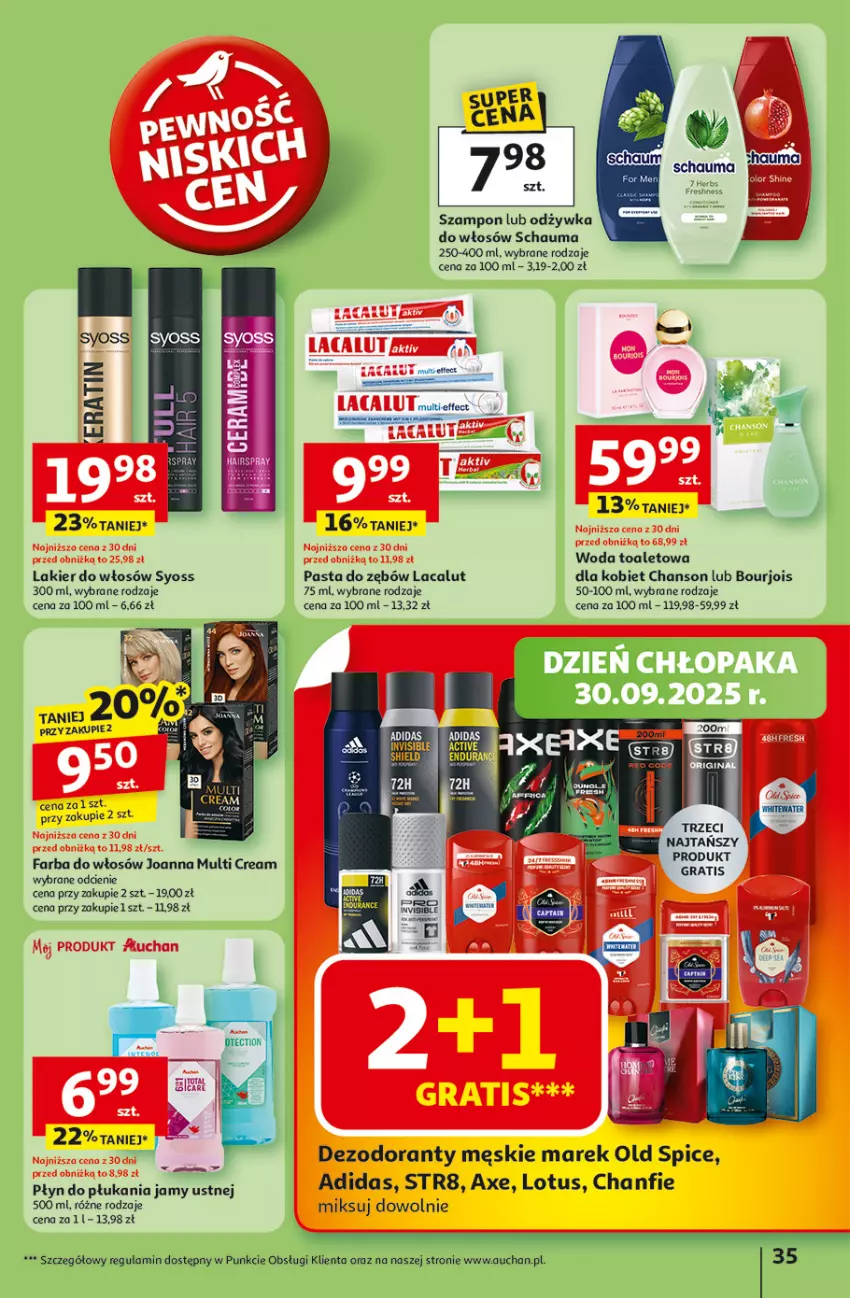 Gazetka promocyjna Auchan - Pewność niskich cen Hipermarket - ważna 25.09 do 01.10.2025 - strona 35 - produkty: Adidas, Bourjois, Dezodorant, Fa, Farba do włosów, Gra, Joanna, Lacalut, Lakier, Lakier do włosów, Mule, Odżywka, Old Spice, Pasta do zębów, Płyn do płukania, Płyn do płukania jamy ustnej, Schauma, Str8, Syoss, Szampon, Woda, Woda toaletowa