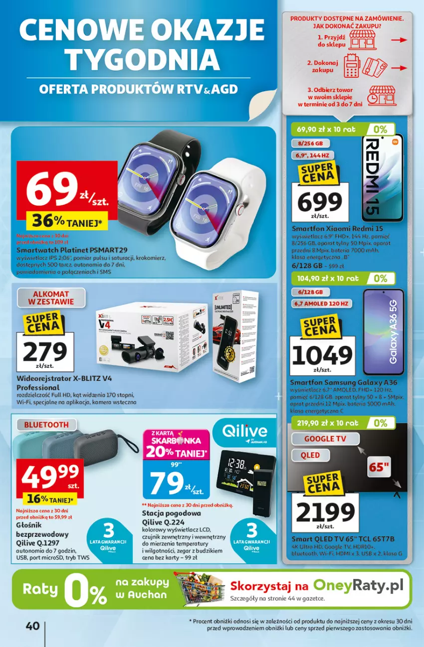 Gazetka promocyjna Auchan - Pewność niskich cen Hipermarket - ważna 25.09 do 01.10.2025 - strona 40 - produkty: Alkomat, Amol, Bateria, Budzik, Czujnik zewnętrzny, Gala, Głośnik, Kamera, Krokomierz, LED TV, LG, PLATINET, Por, Samsung, Smartfon, Smartwatch, Stacja pogodowa, Top, Zegar