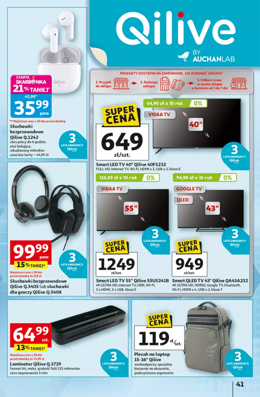 Gazetka promocyjna Auchan - Pewność niskich cen Hipermarket - ważna 25.09 do 01.10.2025 - strona 41 - produkty: Gra, LED TV, Mikrofon, Plecak, Por, Słuchawki, Słuchawki bezprzewodowe, Top