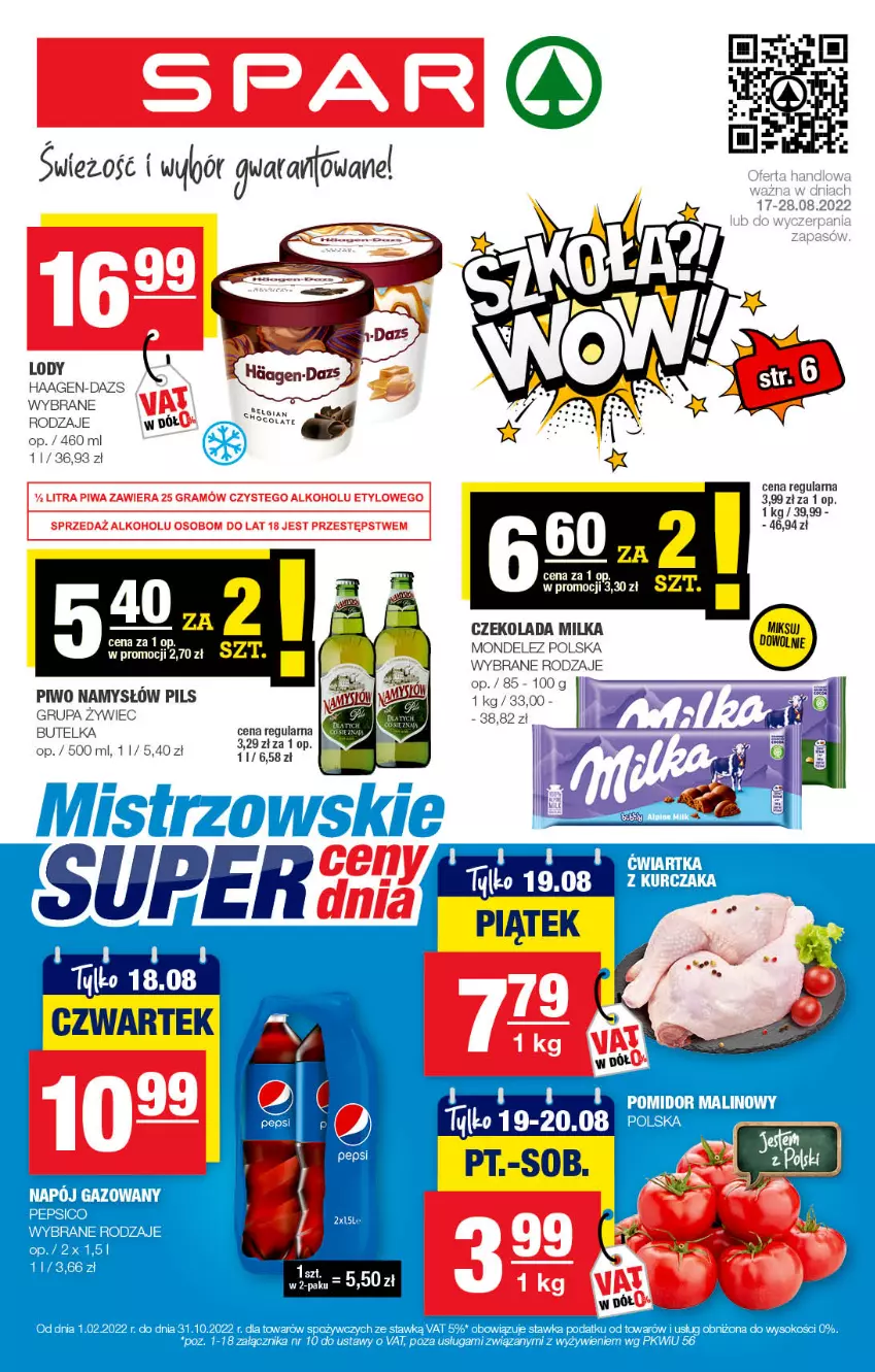 Gazetka promocyjna Spar - Spar - ważna 15.08 do 25.08.2022 - strona 1 - produkty: Czekolada, Gra, Milka, Namysłów, Piwa, Piwo