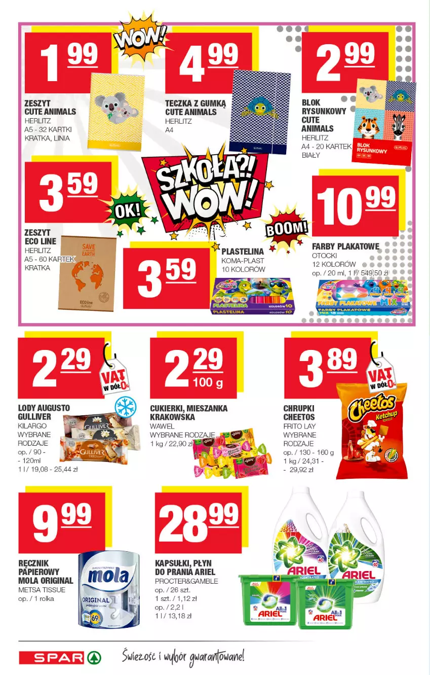 Gazetka promocyjna Spar - Spar - ważna 15.08 do 25.08.2022 - strona 6 - produkty: Ariel, Cheetos, Chrupki, Cukier, Cukierki, Fa, Gin, Lody, Mola, Papier, Plastelina, Płyn do prania, Ręcznik, Wawel