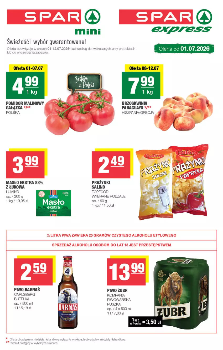 Gazetka promocyjna Spar - Spar-Mini - ważna 01.07 do 12.07.2026 - strona 1 - produkty: Carlsberg, Harnaś, Masło, Piwo, Pomidor malinowy, Top