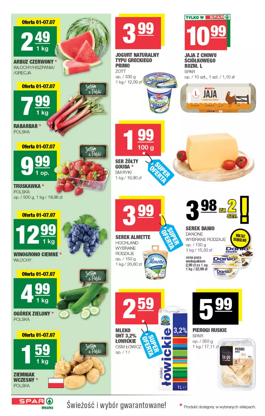 Gazetka promocyjna Spar - Spar-Mini - ważna 01.07 do 12.07.2026 - strona 2 - produkty: Almette, Arbuz, Danio, Danone, Fa, Gouda, Hochland, Jaja, Jogurt, Jogurt naturalny, Mleko, Ogórek, Pierogi, Ser, Serek, Wino, Zott