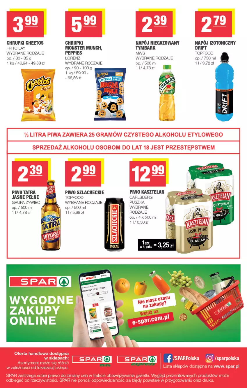 Gazetka promocyjna Spar - Spar-Mini - ważna 01.07 do 12.07.2026 - strona 4 - produkty: Carlsberg, Cheetos, Chrupki, Kasztelan, Lorenz, Monster Munch, Napój, Napój niegazowany, Piwo, Tatra, Top, Tymbark