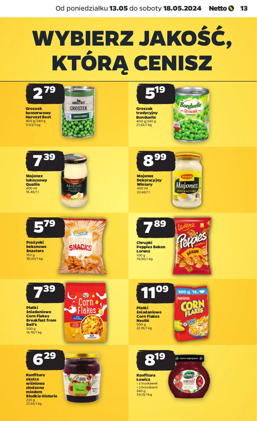 Gazetka promocyjna Netto - Od Poniedziałku - ważna 13.05 do 18.05.2024 - strona 13 - produkty: Beko, Bell, Bonduelle, Chrupki, Corn flakes, Danio, Fa, Groszek, Konfitura, Lorenz, Majonez, Nestlé, Ser, Winiary