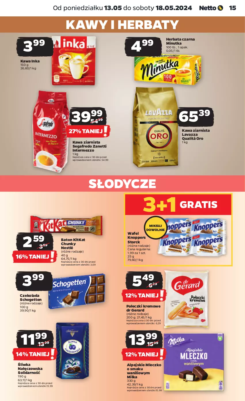 Gazetka promocyjna Netto - Od Poniedziałku - ważna 13.05 do 18.05.2024 - strona 15 - produkty: Baton, Czekolada, Dr Gerard, Gra, Herbata, Herbata czarna, Inka, Kawa, Kawa ziarnista, Knoppers, Lavazza, Milka, Mleczko, Nestlé, Schogetten, Segafredo