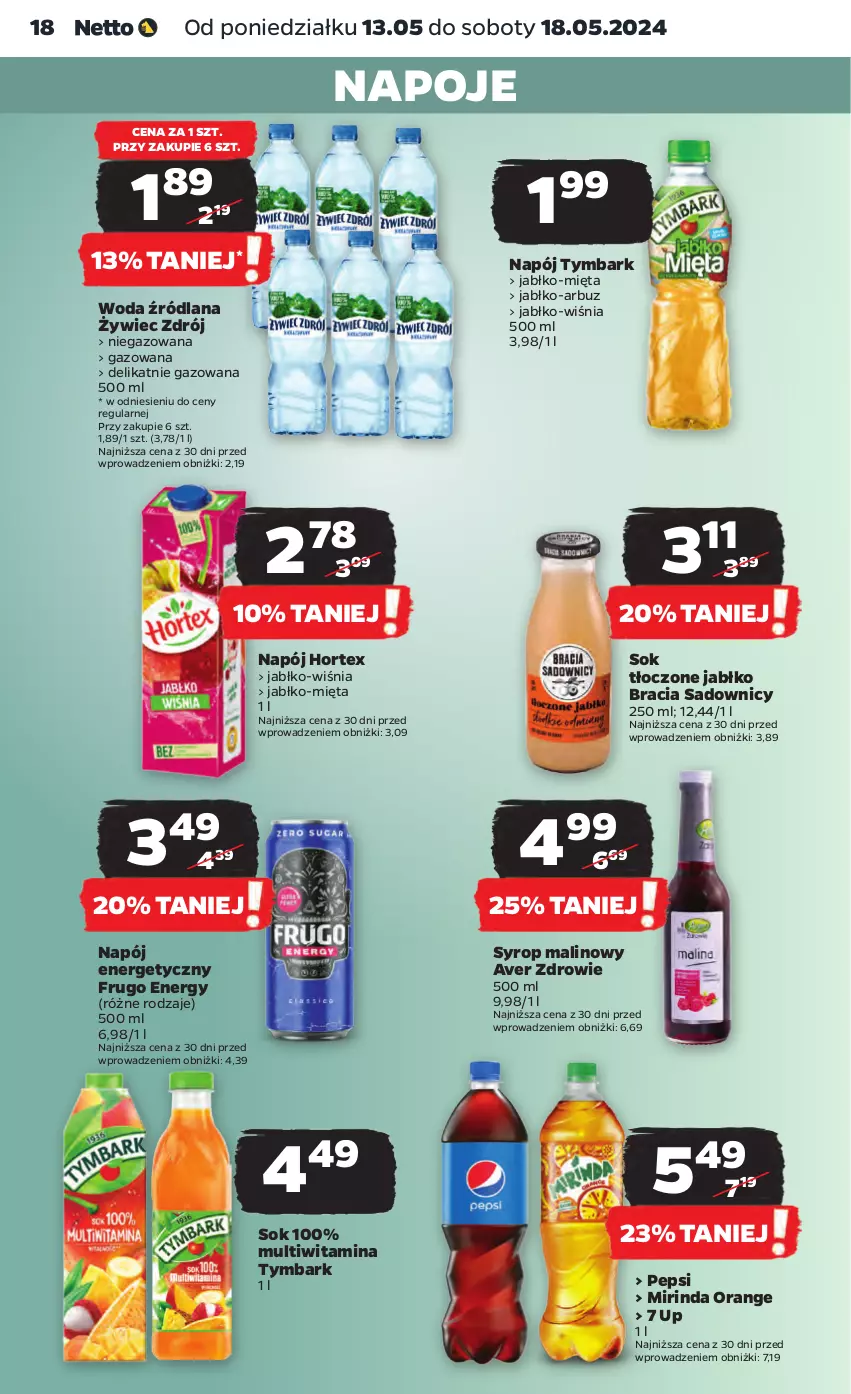 Gazetka promocyjna Netto - Od Poniedziałku - ważna 13.05 do 18.05.2024 - strona 18 - produkty: Arbuz, Hortex, LANA, Mięta, Mirinda, Napój, Napój energetyczny, Napoje, Pepsi, Sok, Syrop, Tymbark, Woda, Zdrowie