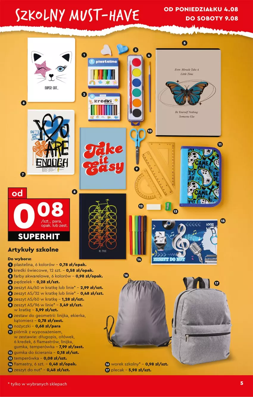 Gazetka promocyjna Biedronka - Okazje Tygodnia - ważna 04.08 do 16.08.2025 - strona 7 - produkty: Długopis, Fa, Flamastry, Noż, Nożyczki, Piórnik, Plastelina, Plecak