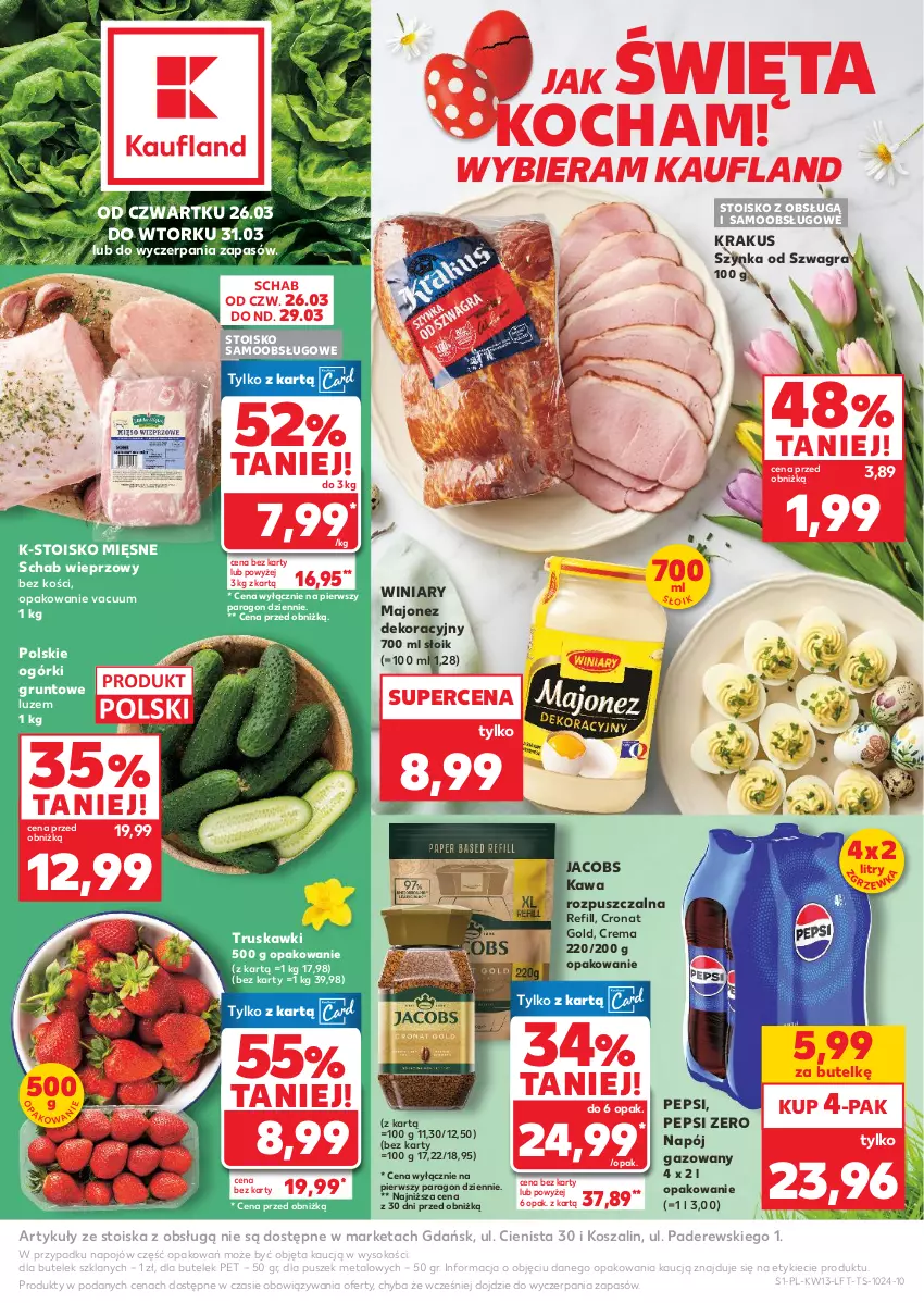 Gazetka promocyjna Kaufland - Gazetka tygodnia - ważna 26.03 do 31.03.2026 - strona 1 - produkty: Gra, Grunt, Jacobs, Kawa, Kawa rozpuszczalna, Koc, Kosz, Krakus, Majonez, Napój, Napój gazowany, Pepsi, Schab wieprzowy, Sok, Szal, Szynka, Truskawki, Winiary