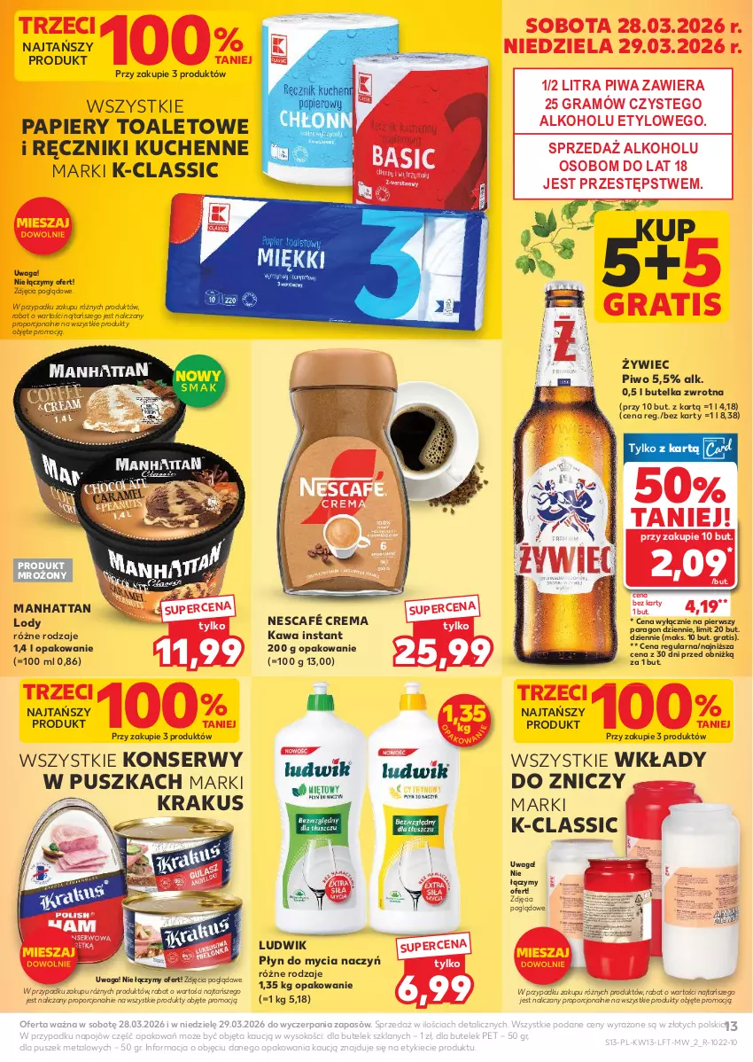 Gazetka promocyjna Kaufland - Gazetka tygodnia - ważna 26.03 do 31.03.2026 - strona 13 - produkty: Do mycia naczyń, Gra, Kawa, Krakus, Lody, Ludwik, Nescafé, Papier, Piwa, Piwo, Płyn do mycia, Płyn do mycia naczyń, Por, Ręcznik, Ser, Sok, Waga, Znicz