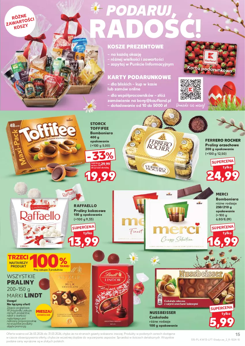 Gazetka promocyjna Kaufland - Gazetka tygodnia - ważna 26.03 do 31.03.2026 - strona 15 - produkty: Bomboniera, Czekolada, Fa, Ferrero, Ferrero Rocher, Kokos, Kosz, Lindt, Lody, Merci, Por, Praliny, Raffaello, Ser, Toffifee, Waga