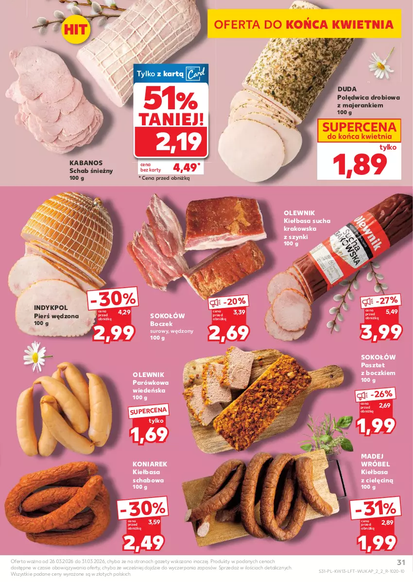 Gazetka promocyjna Kaufland - Gazetka tygodnia - ważna 26.03 do 31.03.2026 - strona 31 - produkty: Boczek, Duda, Kabanos, Kiełbasa, Kiełbasa schabowa, Madej Wróbel, Olewnik, Pasztet, Polędwica, Sok, Sokołów