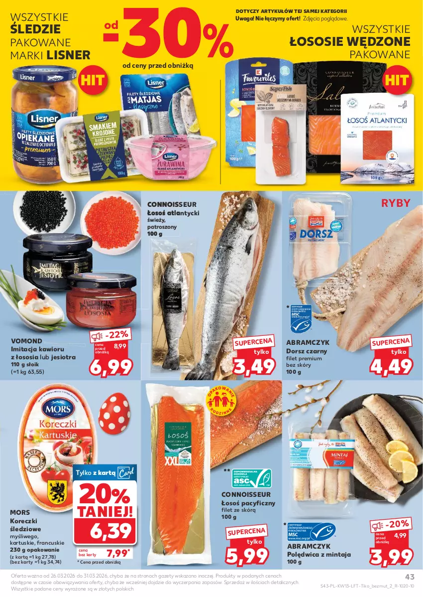 Gazetka promocyjna Kaufland - Gazetka tygodnia - ważna 26.03 do 31.03.2026 - strona 43 - produkty: Dorsz, Kawior, Koreczki śledziowe, Lisner, Mintaj, Polędwica, Sos, Waga