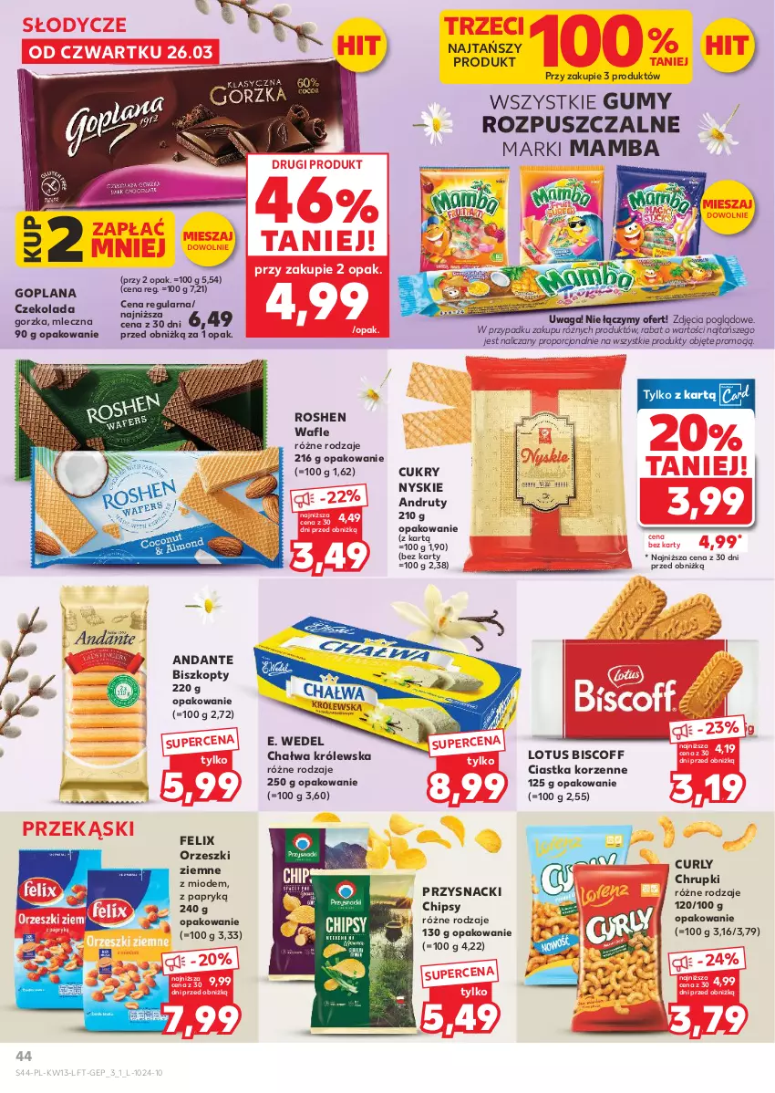 Gazetka promocyjna Kaufland - Gazetka tygodnia - ważna 26.03 do 31.03.2026 - strona 44 - produkty: Biszkopty, Chałwa, Chipsy, Chrupki, Ciastka, Czekolada, E. Wedel, Felix, Goplana, LANA, Mamba, Orzeszki, Orzeszki ziemne, Por, Przysnacki, Wafle, Waga